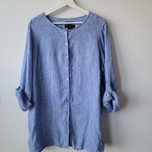 Tahari womens 100 % linen top size 1X roll- tab sleeve button front Lagenlook
